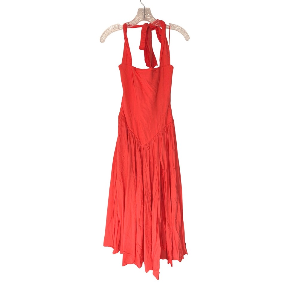 Bardot Halter Neck Drop‎ Waist Maxi Dress Melon Orange Side Slit Feminine XS